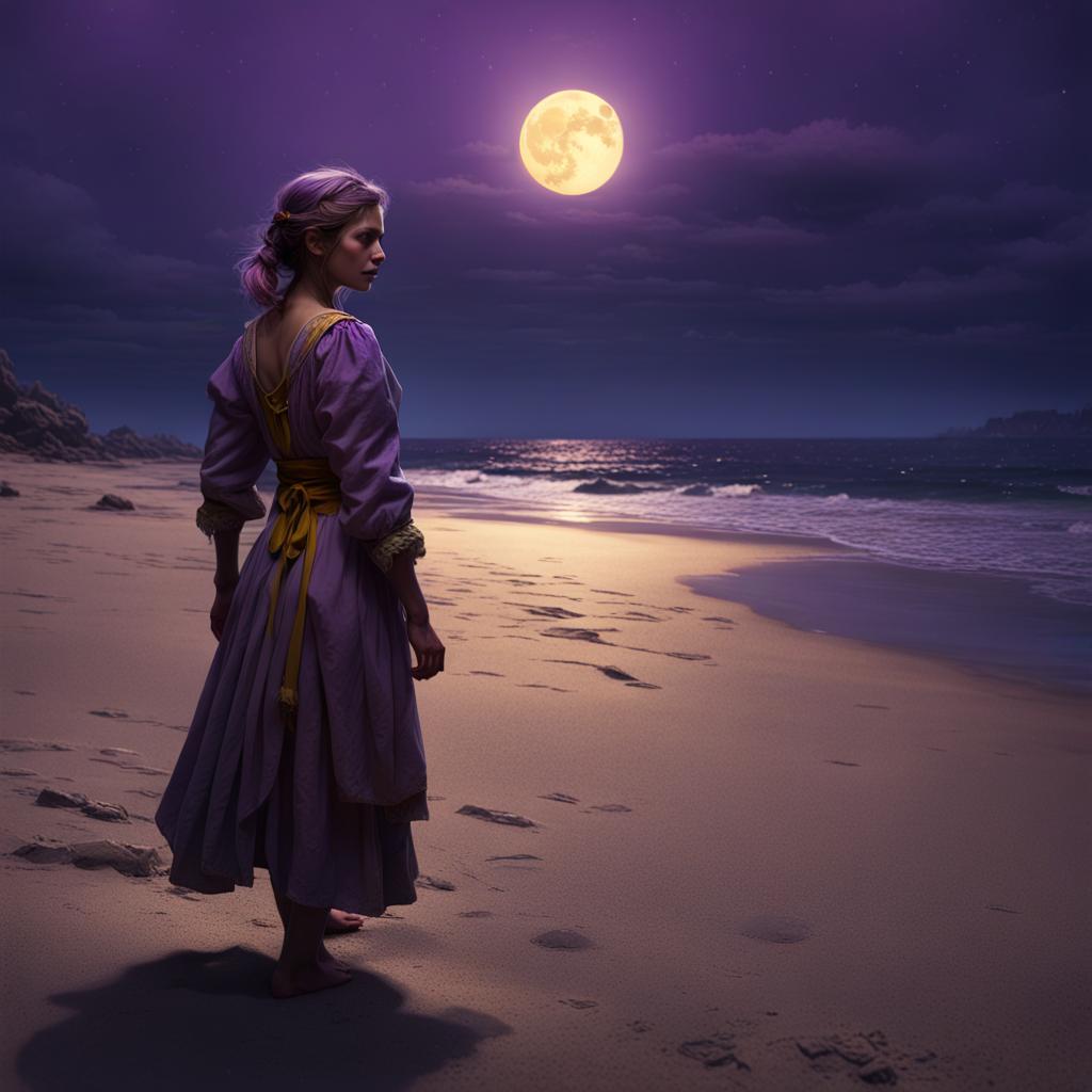 Writing prompt AI generated picture of peasant woman walking on moonlit beach